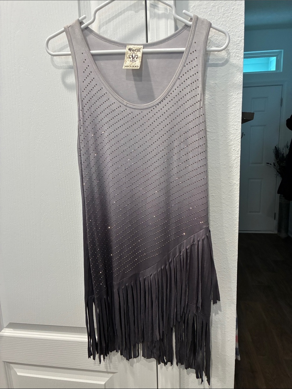Vocal Gray Ombre Studded Fringe Tank Top